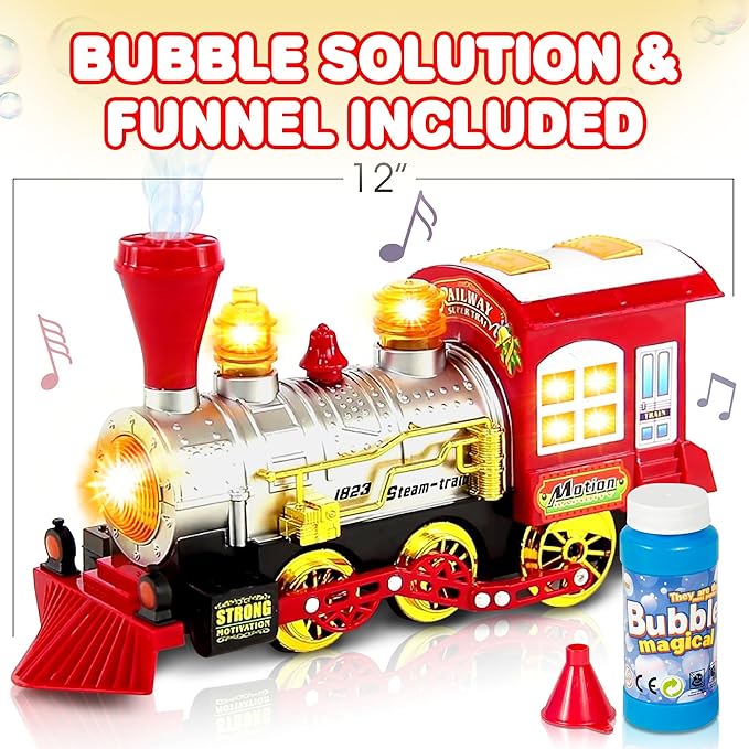 Bubble Blowing Toy Train with Lights & Sounds, Bump and Go Toddler Train Toys for Around The Tree, Kids Bubble Machine, for Boys & Girls Ages 1-6