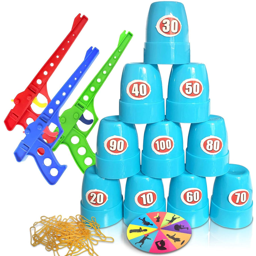 Shooting Competition Game for Kids - Includes 3 Toy Guns, 100 Rubber Bands, 10 Cups, Game Turntable, Score Stickers and Instructions