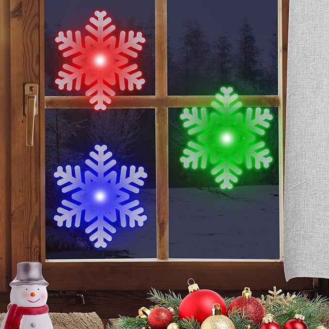 ArtCreativity Suction Cup Window Lights for Christmas - Set of 3 Stick on Christmas Lights - Snowflake Window Light Decorations That Light Up in Green, Blue, Purple, and Red - Suction Cup Christmas Decorations