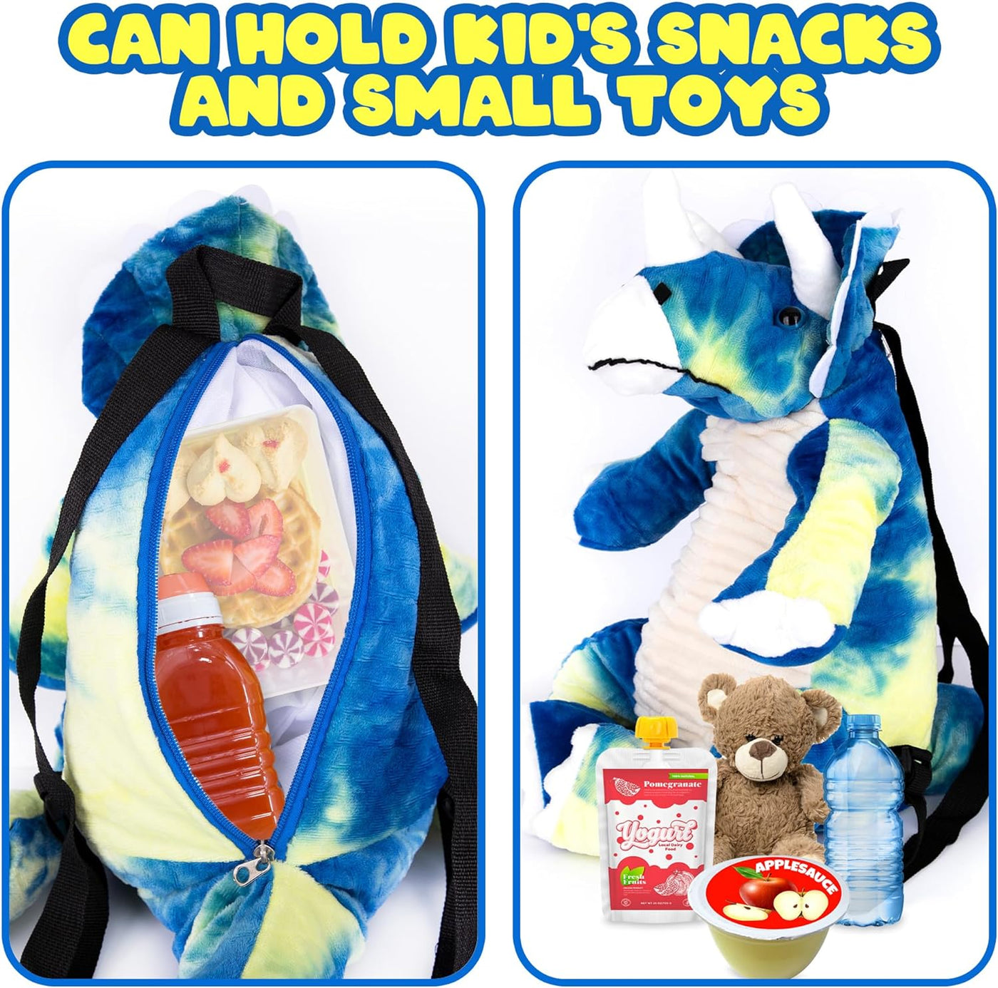 ArtCreativity Plush Dinosaur Backpack, 22" Stuffed Animal Backpack in the Shape of a Triceratops, Plushie Dinosaur Backpack for Toddlers, Blue and Yellow tie dye Colors. Adjustable Nylon Straps