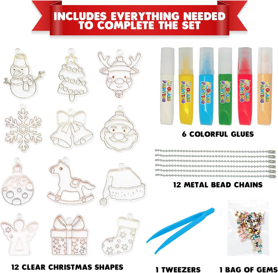 DIY Christmas Ornament Painting Craft - 31 Pieces Christmas Ornament Kit - Kids Ornament Painting Kit Includes 12 Transparent Ornaments, 6 Colorful Glues, 12 Keychains, Gems, Tweezers