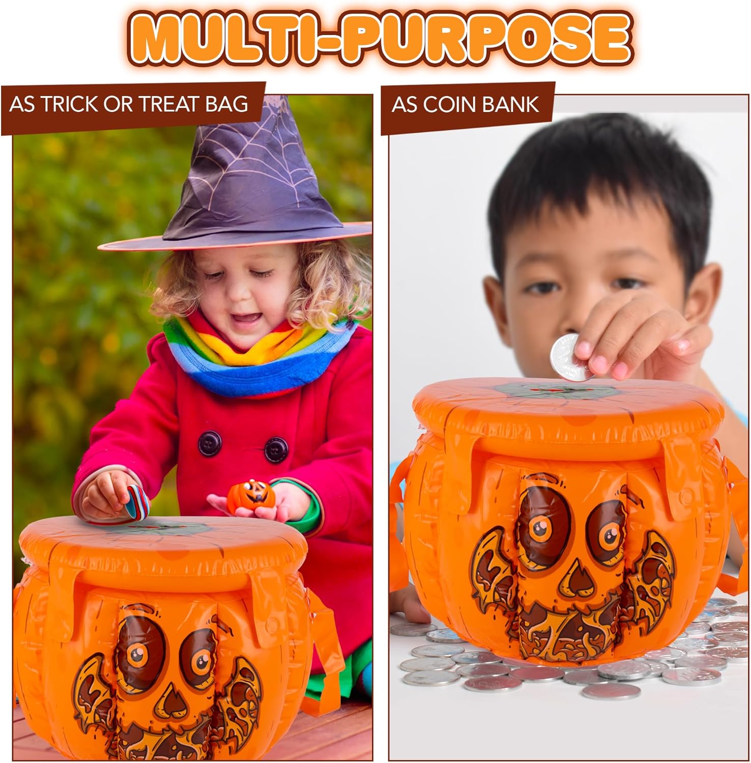 Inflatable Halloween Trick or Treat Bag - Kids Blow Up Halloween Candy Bag with Lid & Carry Straps - Doubles as Inflatable Halloween Candy Holder - Trick or Treat Bag for Boys & Girls
