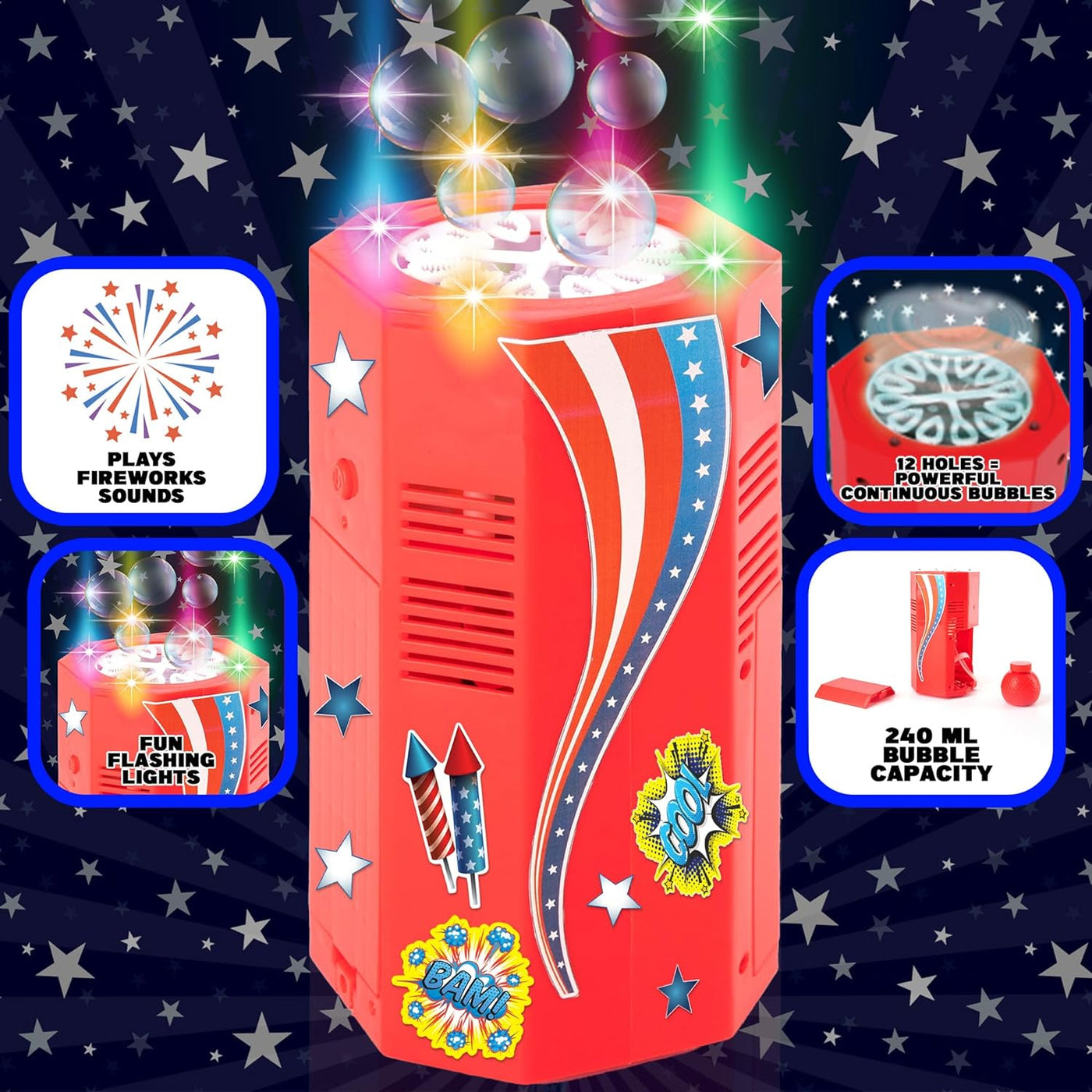 ArtCreativity Fireworks Bubble Machine - Electric Bubble Blower Toy with Fireworks Sound Effects and Flashing LED Lights - Includes Bubble Solution, Batteries, Stickers - 4th of July Party Supplies