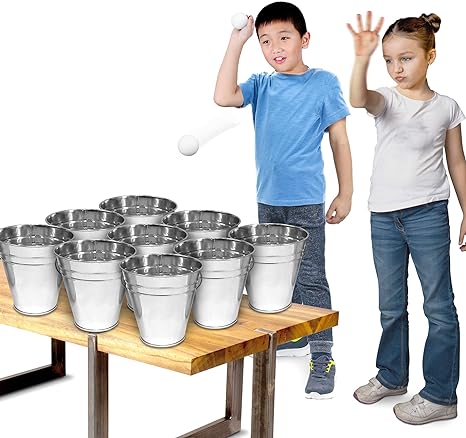 Bucket Ping Pong Ball Game Includes 9 Metal Buckets, 12 Balls, and 1 Number Sticker Sheet