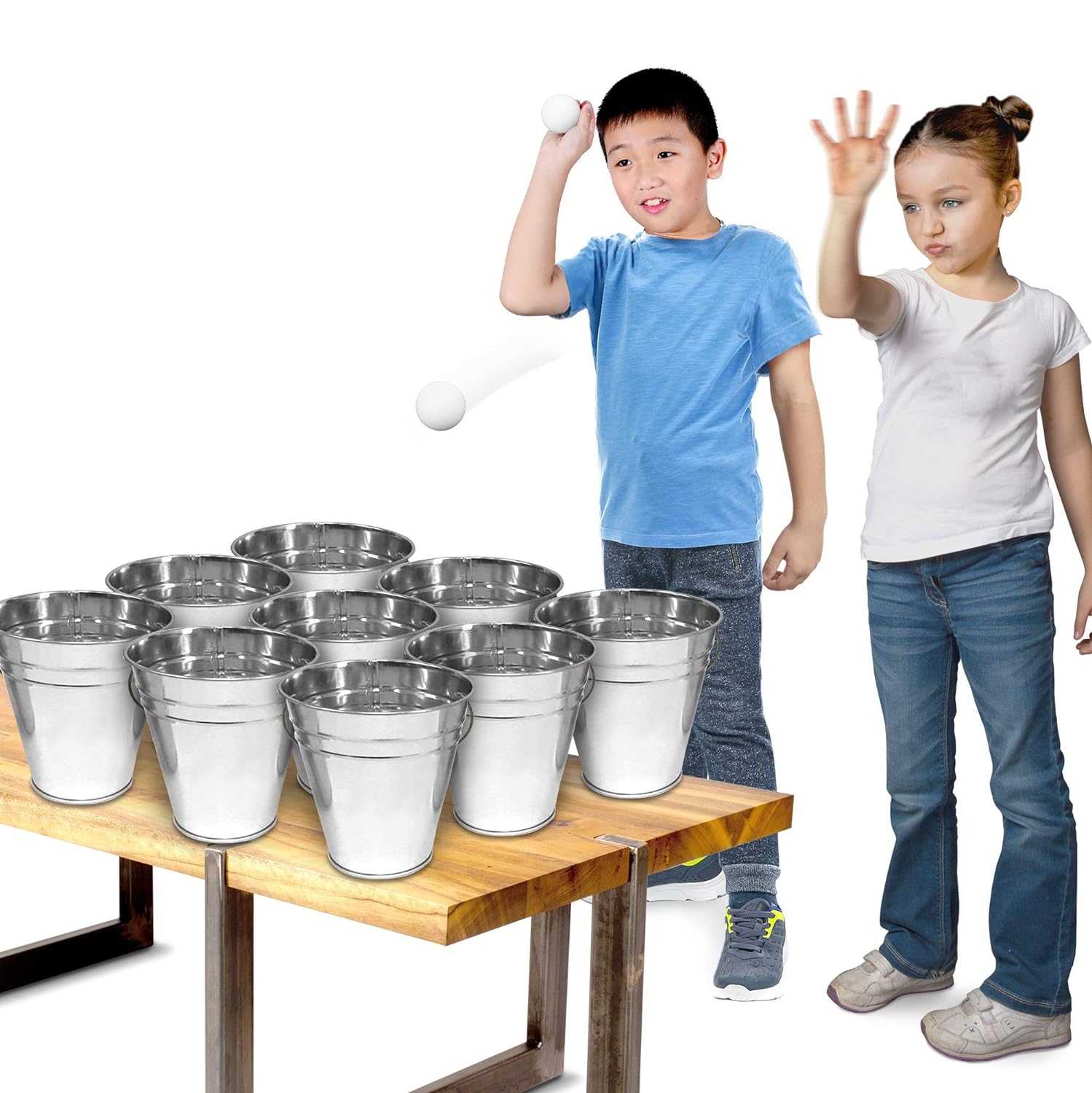 Bucket Ping Pong Ball Game Includes 9 Metal Buckets, 12 Balls, and 1 Number Sticker Sheet