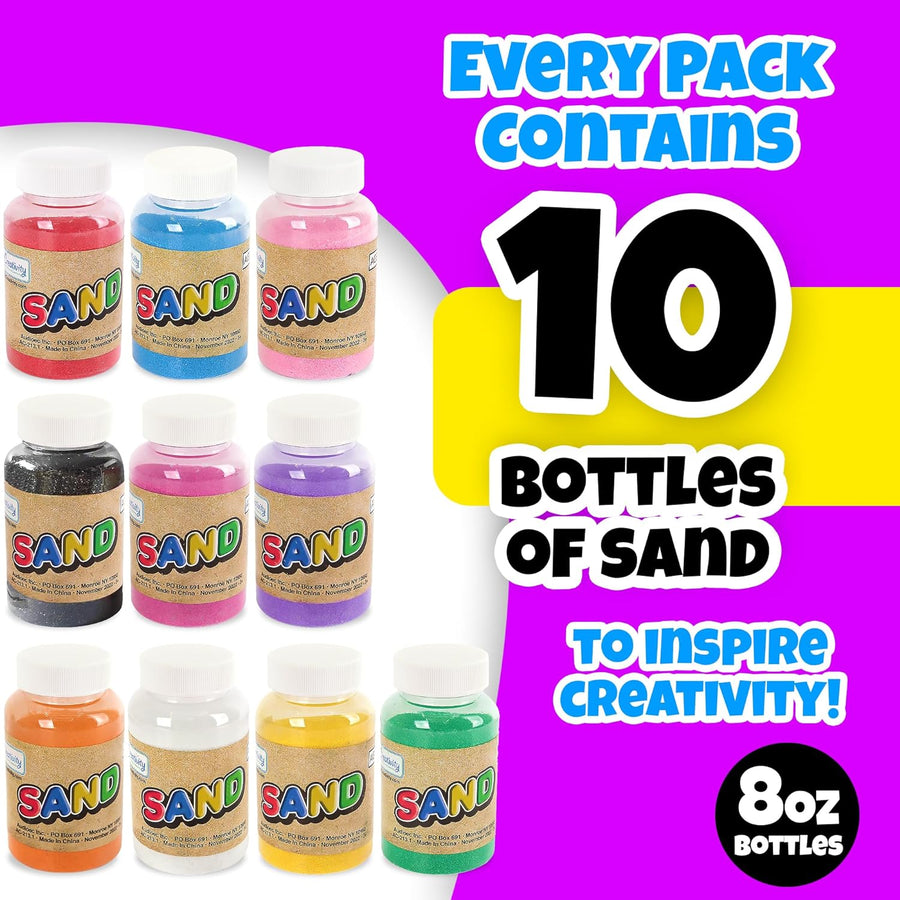 ArtCreativity Colored Sand Art Kits for Kids 40-Pack, Play Sand Set, 10 Assorted Colors, 8 oz. Each, 24 Sand Art Bottle Necklaces, and 6 Funnels Bulk Sand Art Project, Kids Party Crafts for Boys Girls