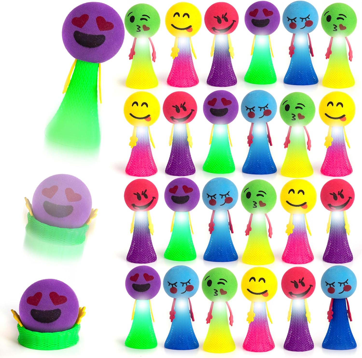 ArtCreativity Set of 24 Jumping Emoji Spring Launcher Toys, Light Up Bouncy Toy Party Poppers with Flashing LED Lights, Pop Up to 4 Feet High, Light Up Party Favors, Goodie Bag Fillers for Kids