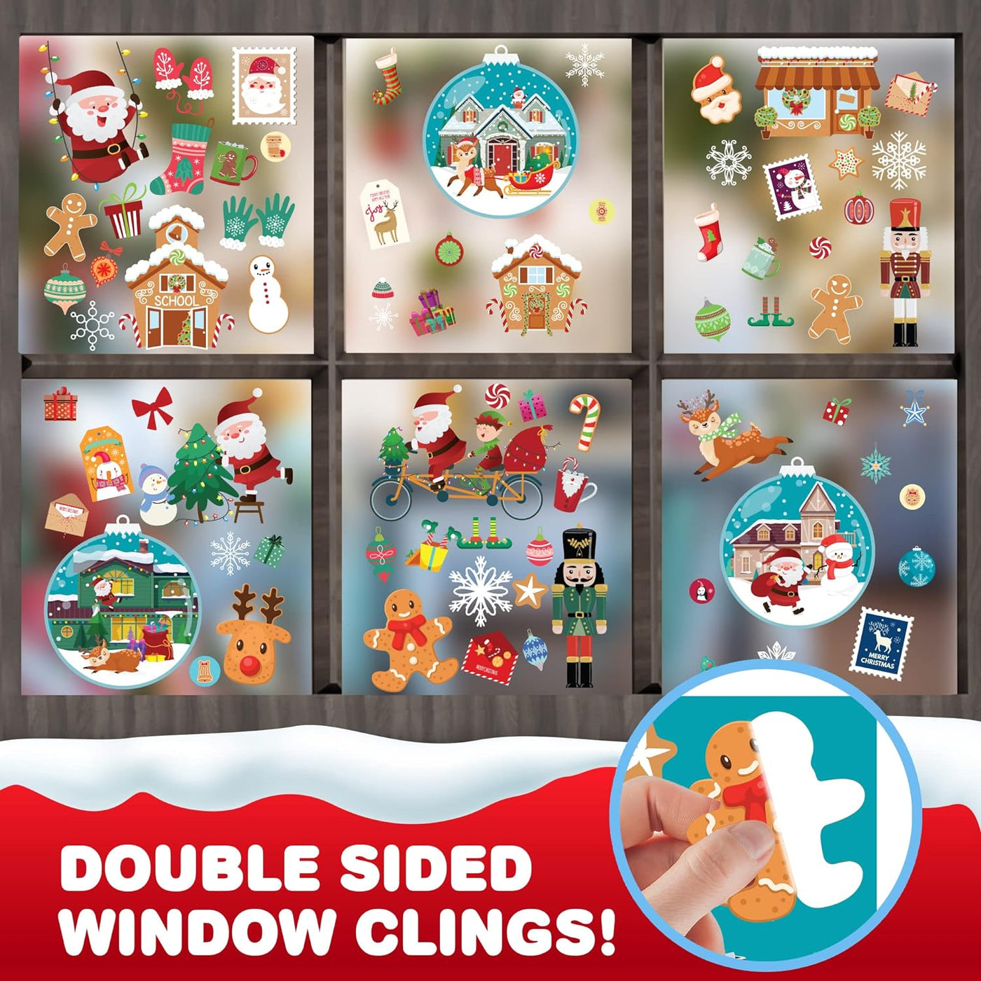 Christmas Window Clings, 300 Stickers Total, Christmas Decals for Windows, 75 Designs, Double Sided Holiday Window Clings, Decoration for Glass Windows, No Adhesive or Residue, 24 Sheets