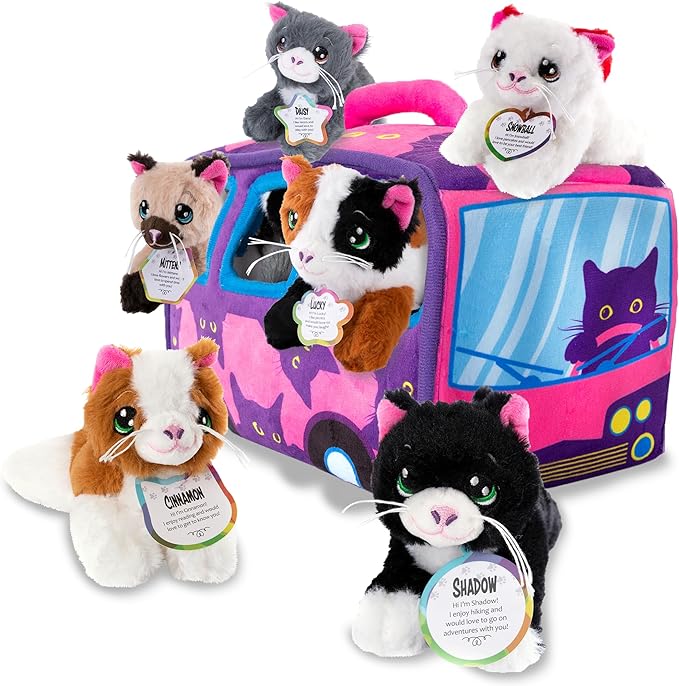 7-Piece Plush Cat Set, 6" Stuffed Animals Assortment with Carrier Bus, Cute Small Toys for Girls, Halloween, Classroom, Birthday Gifts Soft Plush Puppy