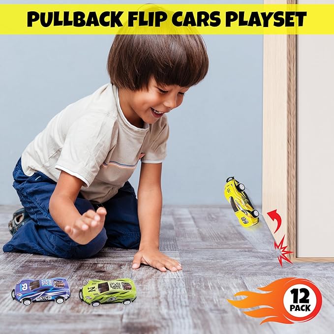 ArtCreativity Pullback Flip Stunt Cars for Boys (Set of 12) Pullback Diecast Race Cars for Kids in 8 Cool Designs - Retro Toy Cars for Boys and Girls - Model Stunt Cars for Hours of Racing Fun