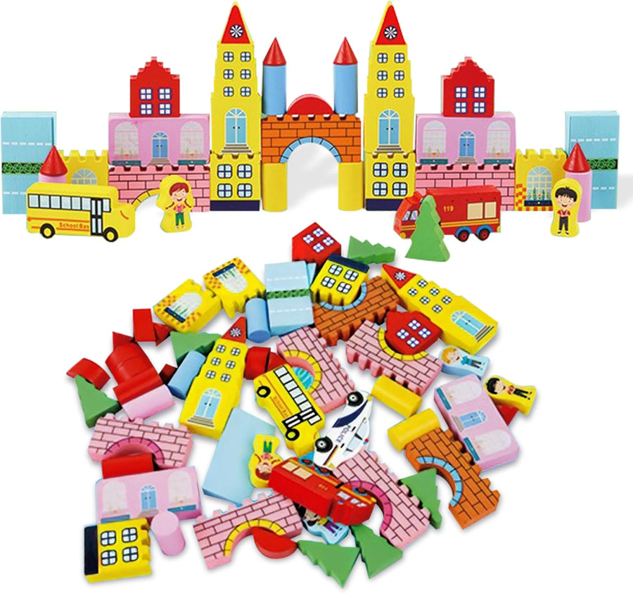 ArtCreativity Wooden Town Playset for Kids - 55 Piece Block City Set - Wooden City Building Blocks Play Set with Buildings, Trees, Vehicles, and People - Wooden Tray for Storage and Display