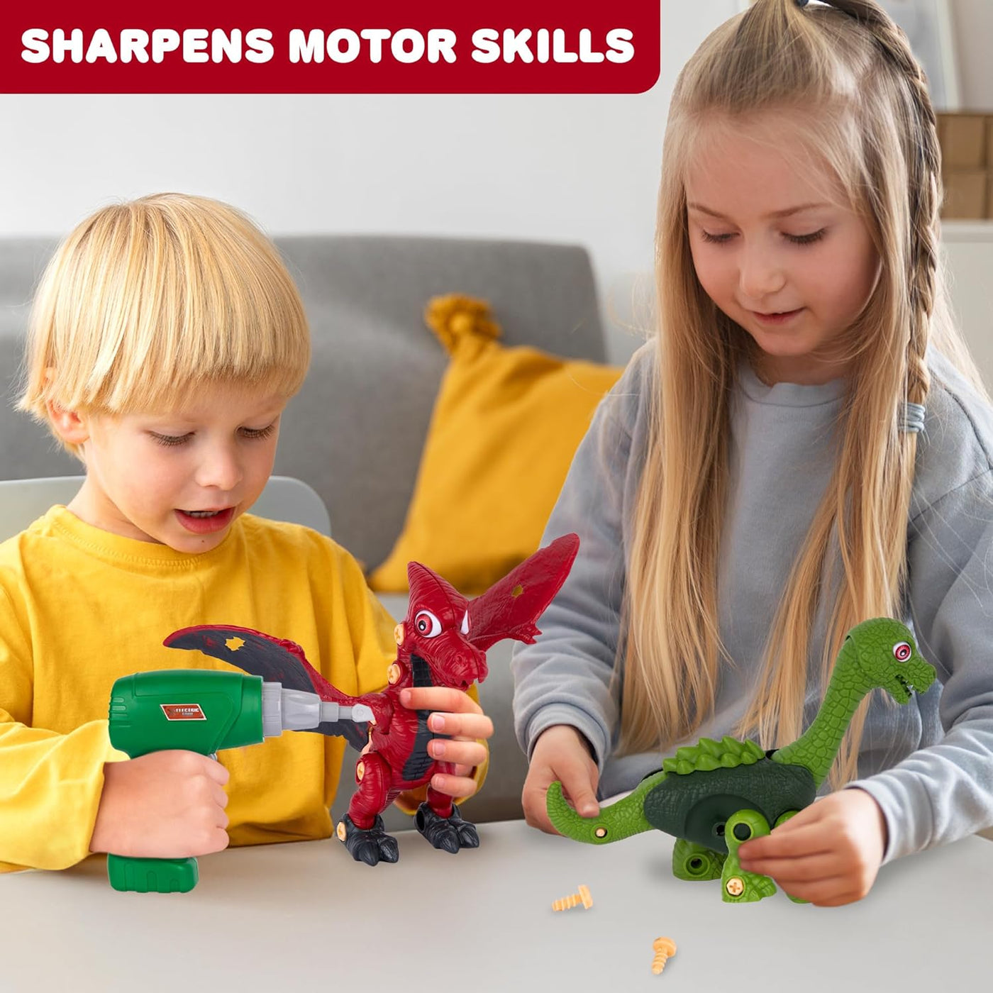 Take Apart Dinosaur Toys - Makes 3 Toy Dinosaurs - Take Apart Toy Set Includes Electric Drill, Assorted Tools, and Parts for T-Rex, Pterodactyl, and Brachiosaurus - Dino Gifts for Boy 4 5
