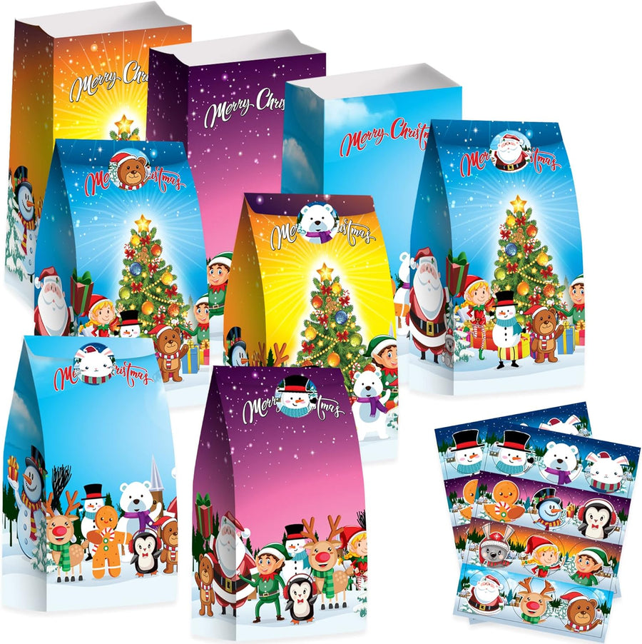 Christmas Treat Bags, Set of 24 Paper Bags and 24 Stickers, 10 Inch Christmas Candy Bags with Sealing Stickers, Christmas Goodie Bags for Sweets, Toys, Gifts, and More