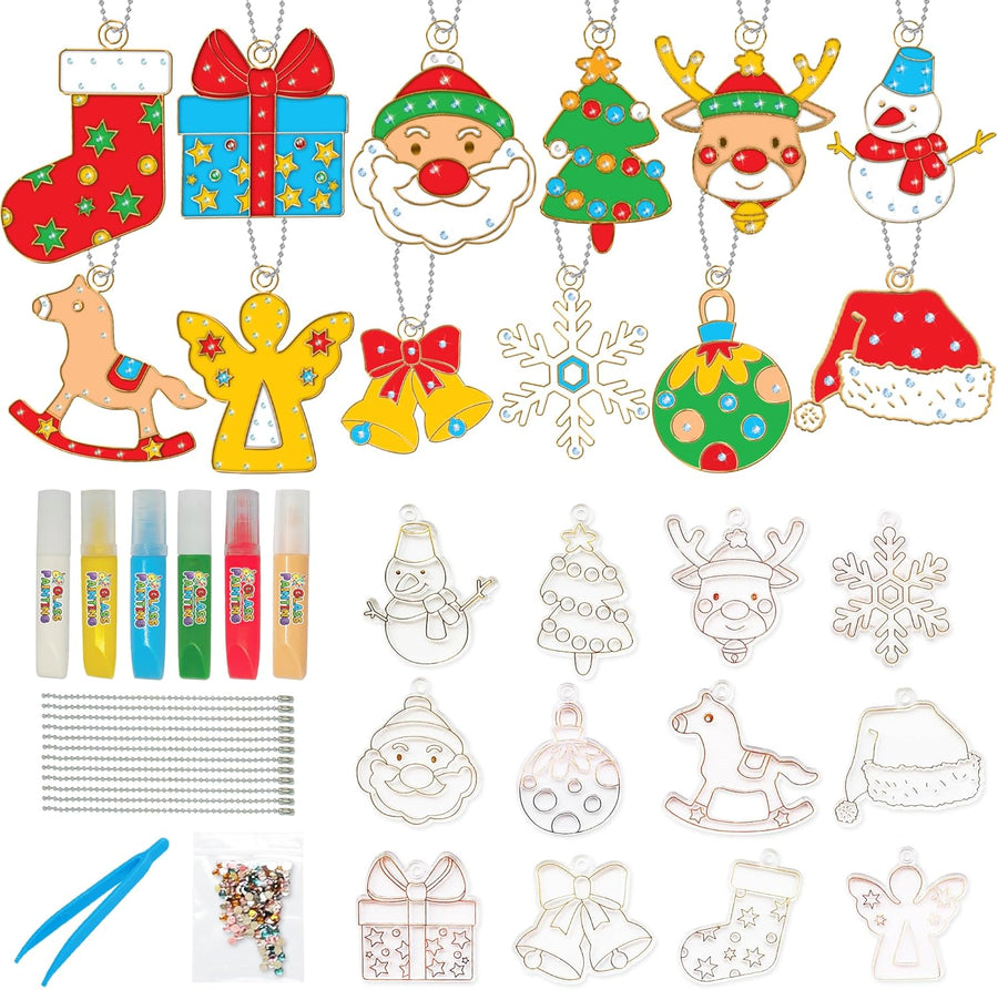 DIY Christmas Ornament Painting Craft - 31 Pieces Christmas Ornament Kit - Kids Ornament Painting Kit Includes 12 Transparent Ornaments, 6 Colorful Glues, 12 Keychains, Gems, Tweezers