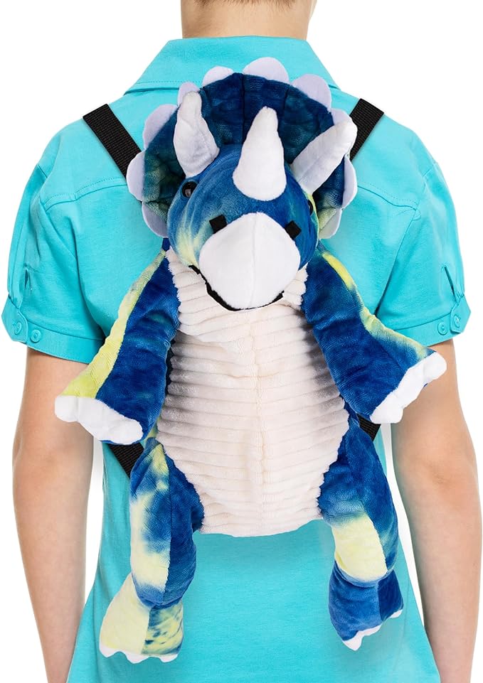 ArtCreativity Plush Dinosaur Backpack, 22" Stuffed Animal Backpack in the Shape of a Triceratops, Plushie Dinosaur Backpack for Toddlers, Blue and Yellow tie dye Colors. Adjustable Nylon Straps