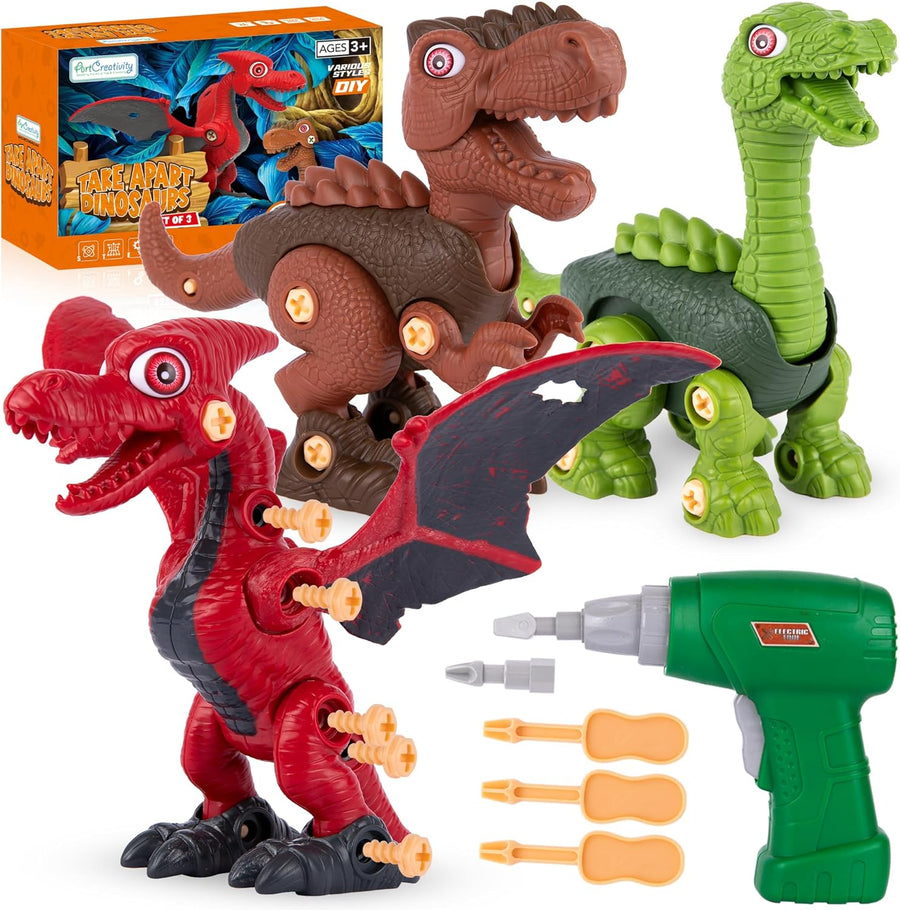 Take Apart Dinosaur Toys - Makes 3 Toy Dinosaurs - Take Apart Toy Set Includes Electric Drill, Assorted Tools, and Parts for T-Rex, Pterodactyl, and Brachiosaurus - Dino Gifts for Boy 4 5