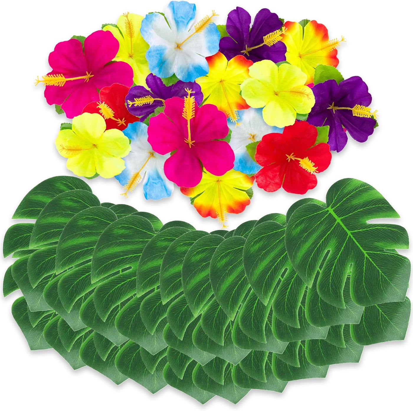 ArtCreativity Hawaiian Flower Luau Decorations - 60-PC Set with 36 Palm Leaves and 24 Artificial Hibiscus Flowers - Tropical Party Decor and Accessories for Birthday Party - Flower Decorations
