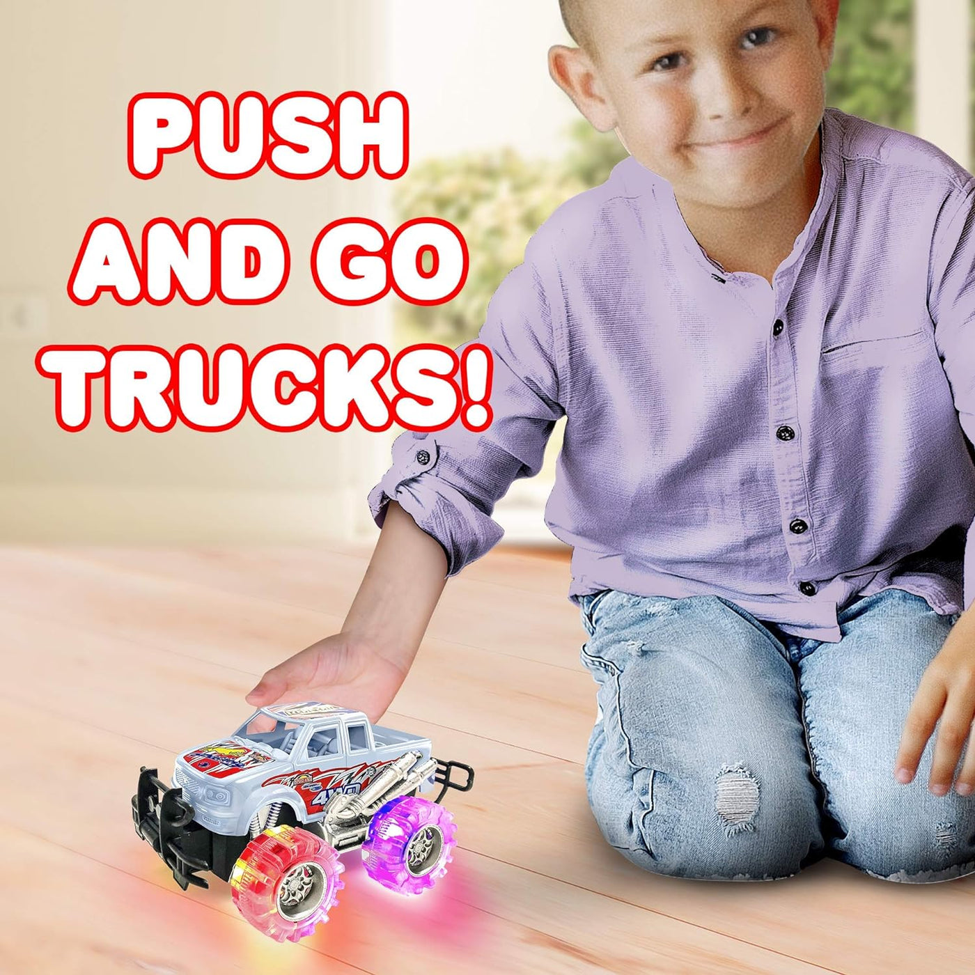 ArtCreativity Orange and White Light Up Monster Truck Set for Boys and Girls, Set Includes 2, 6 Inch Monster Trucks with Beautiful Flashing LED Tires, Push n Go Toy Cars, Best Gift for Kids Ages 3+