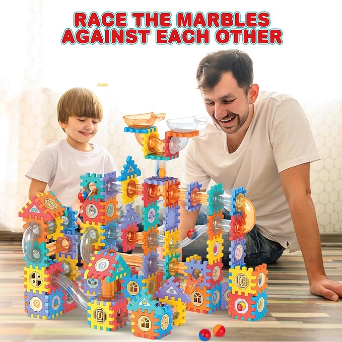 Kids Marble Run Set - 246 PCS Marble Race Track with Interlocking Building Blocks