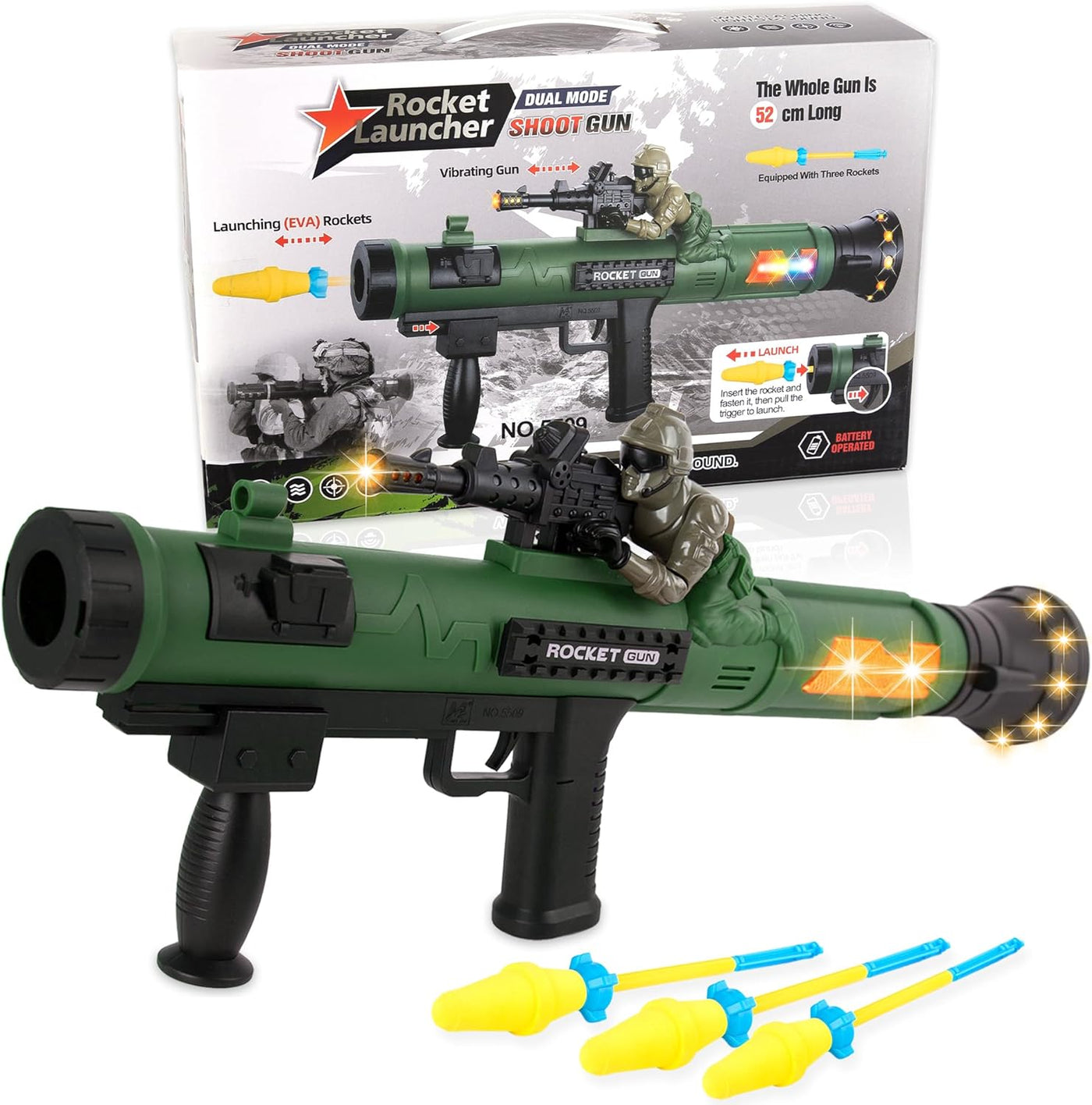 ArtCreativity Toy Rocket Launcher, RPG Gun with 3 Foam Rockets, Light Up Rocket Launcher Gun for Kids, Cool Sound, Vibration, & LED Effects, Military Pretend Play Bazooka Toys for Boys