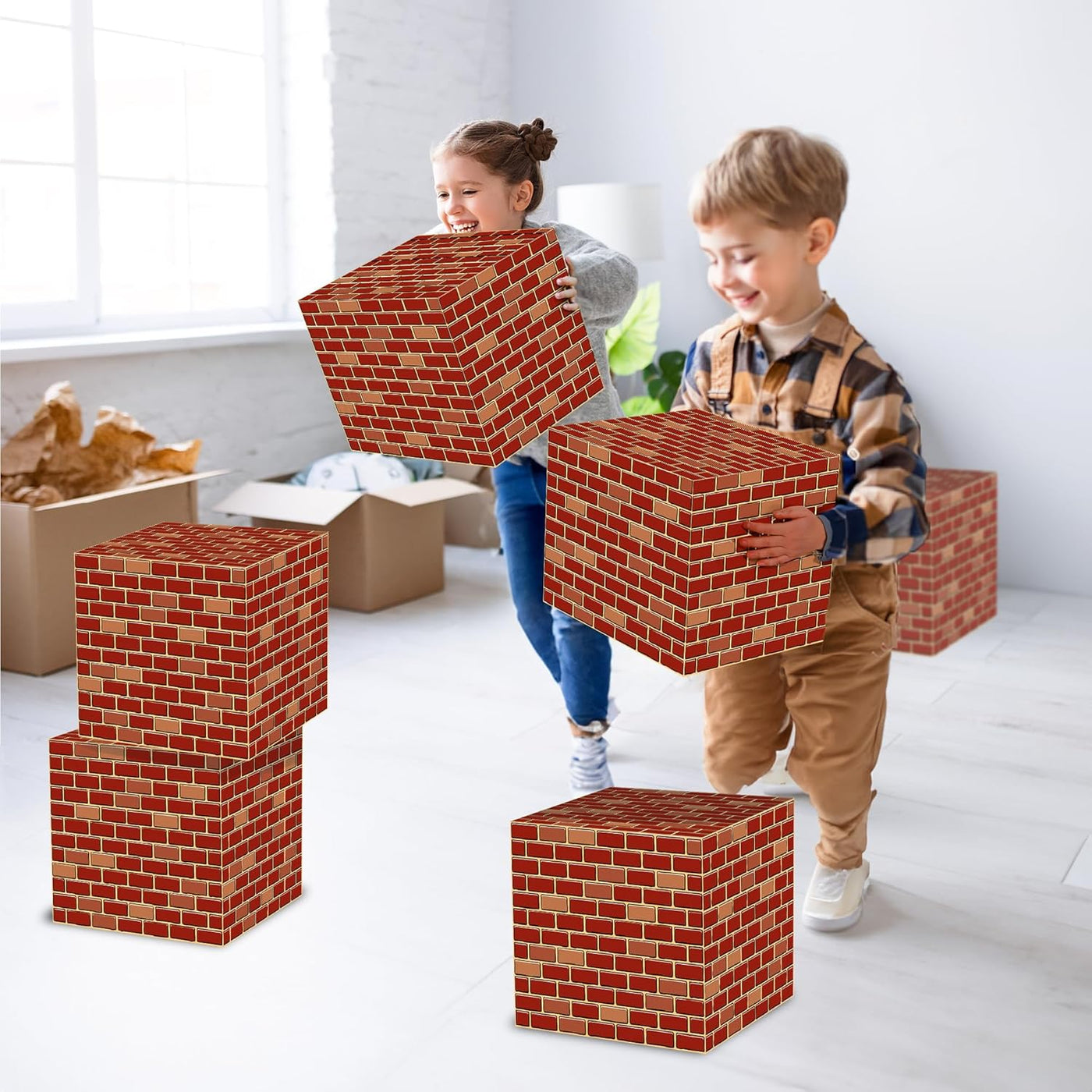Brick Boxes for Gamer Party Decorations - Set of 6-11.8 x 11.8 Inches - Brick Box Video Game Birthday Decorations with a Retro Brick Design - Easy to Assemble - Video Game Party Supplies