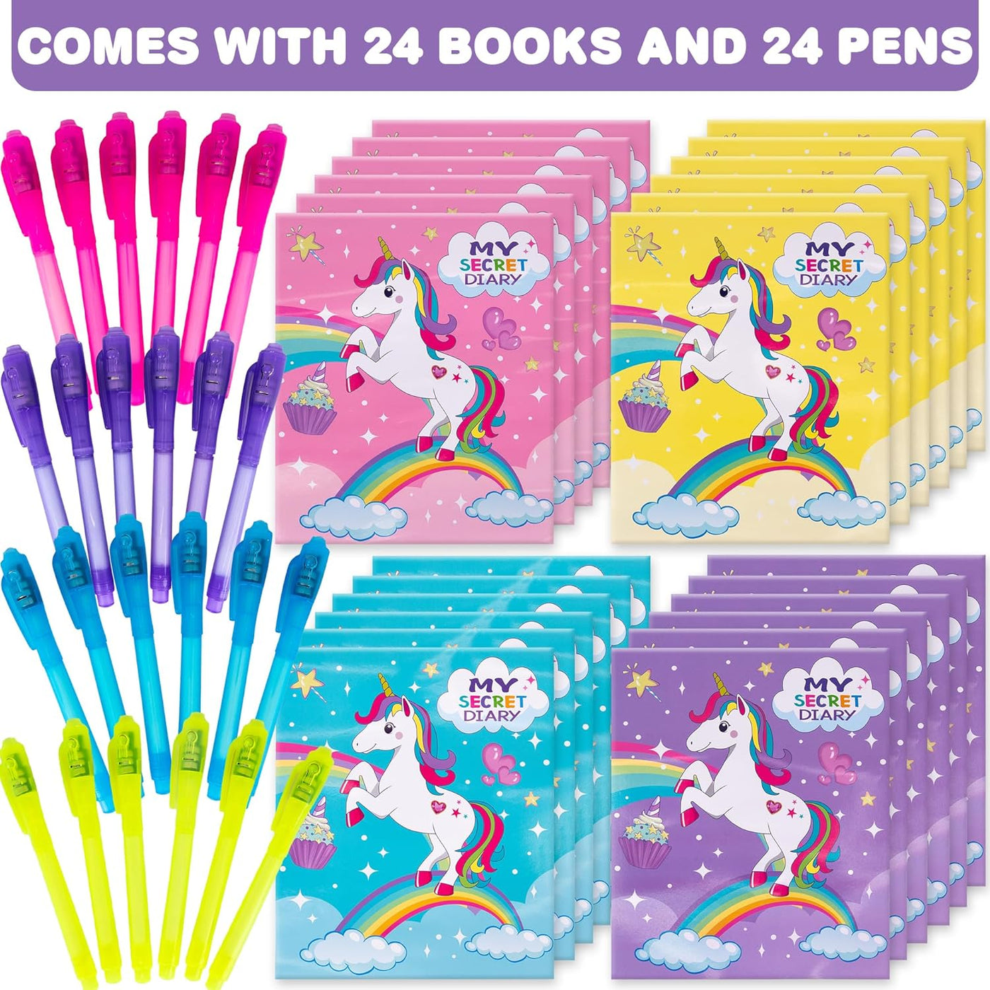 ArtCreativity Invisible Ink Pen & Notepad Kit - 24 Sets Unicorn Gifts for Girls with UV Light Pens and Secret Diary Notebooks - Unicorn Birthday Party Favors - Cute Stationery for Kids