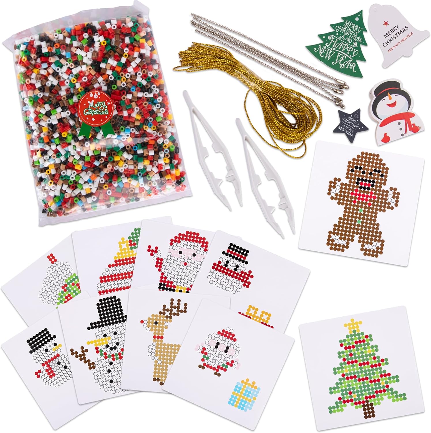 Christmas Fuse Beads Kit - Christmas Beads for Crafts with 3000 Fuse Beads (Bulk), 10 Patterns, 1 Pegboard, Tweezers, Ironing Paper, Gift Tags, and Gold Strings - Bead Art Christmas Craft for Kids