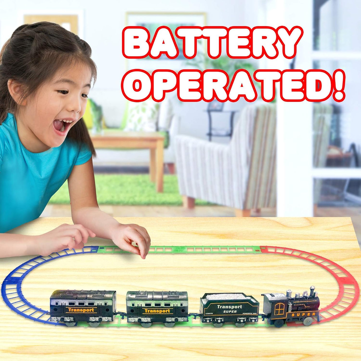 Train Set for Kids, Battery-Operated Toy Train with 4 Cars and Tracks