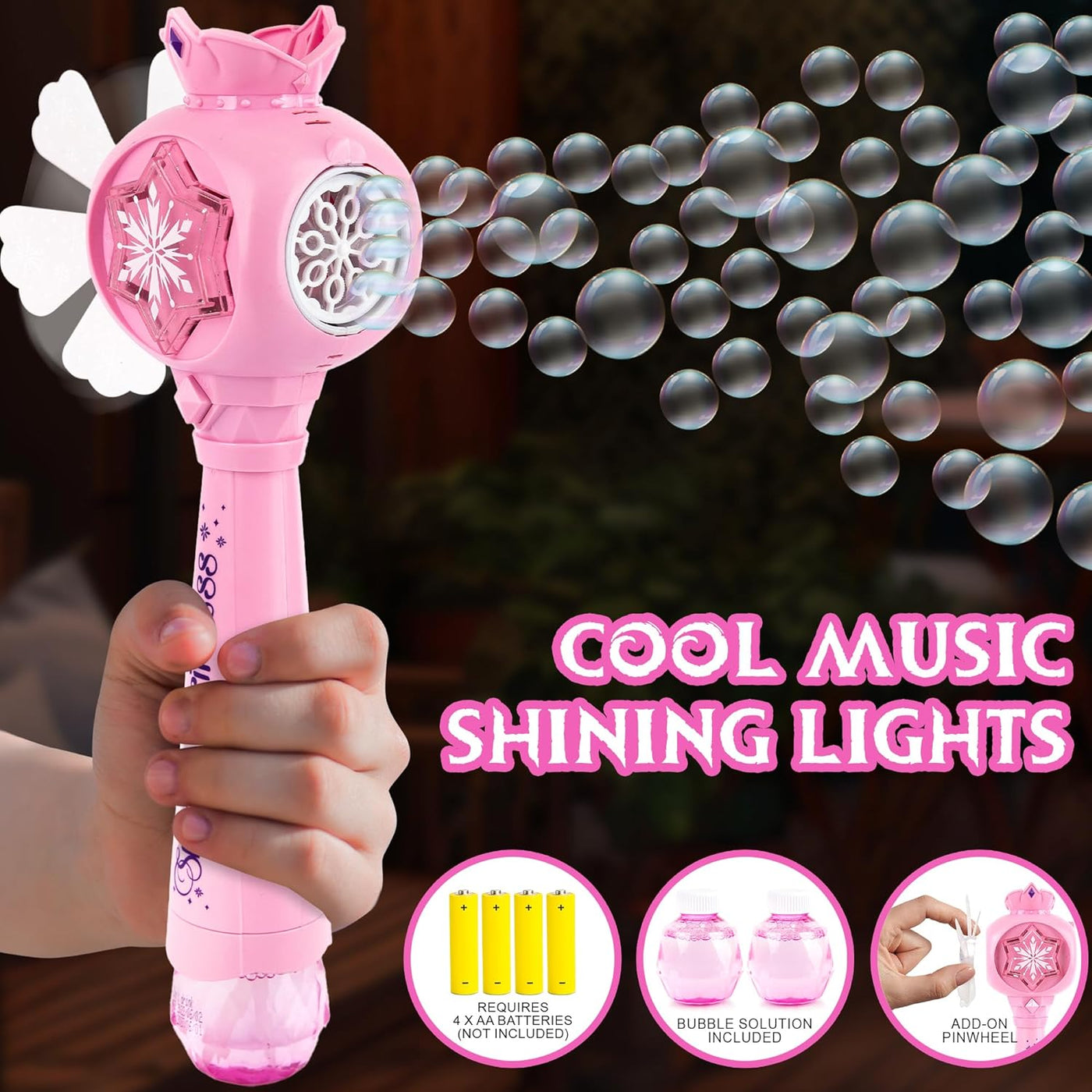 ArtCreativity Light Up Princess Magic Bubble Blower Wand with Detachable Windmill, Princess Wand for Girls with 2 Bottles of Bubble Solution, LED Effects, & Music, Fun Pretend Play Prop, Birthday Gift