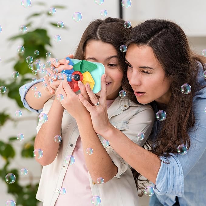 ArtCreativity Camera Bubble Machine for Kids - Camera Shaped Bubble Toy with Neck Strap and Solution - Small Bubble Machine for Kids with Sounds, Music, and Lights for Extra Fun