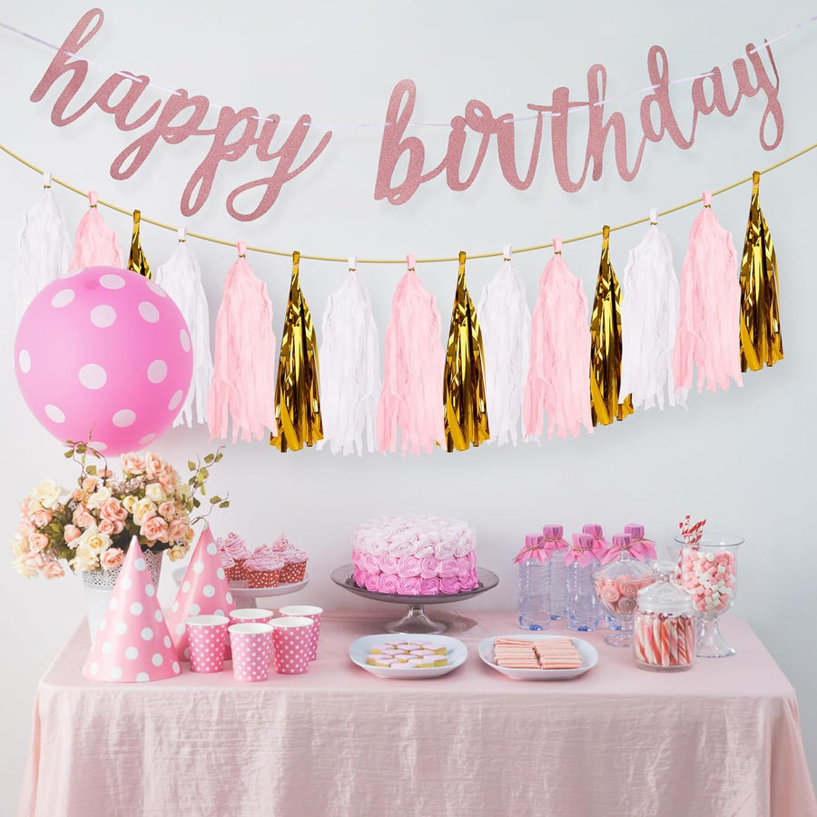 ArtCreativity Rose Gold Happy Birthday Banner - Rose Gold Birthday Decorations Kit with Banner, Foil Tassels, 15pcs Colorful Tissue Paper, and Hanging String - Rose Gold Birthday Decor for Party