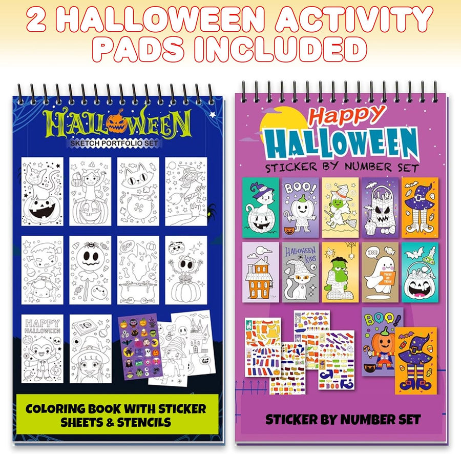 ArtCreativity Halloween Sticker Art Books, Sticker by Number Book with Halloween Sticker Art and Coloring Pages, and Coloring Book with Halloween Stickers, Stencil, and Markers, for Kids Ages 4-8