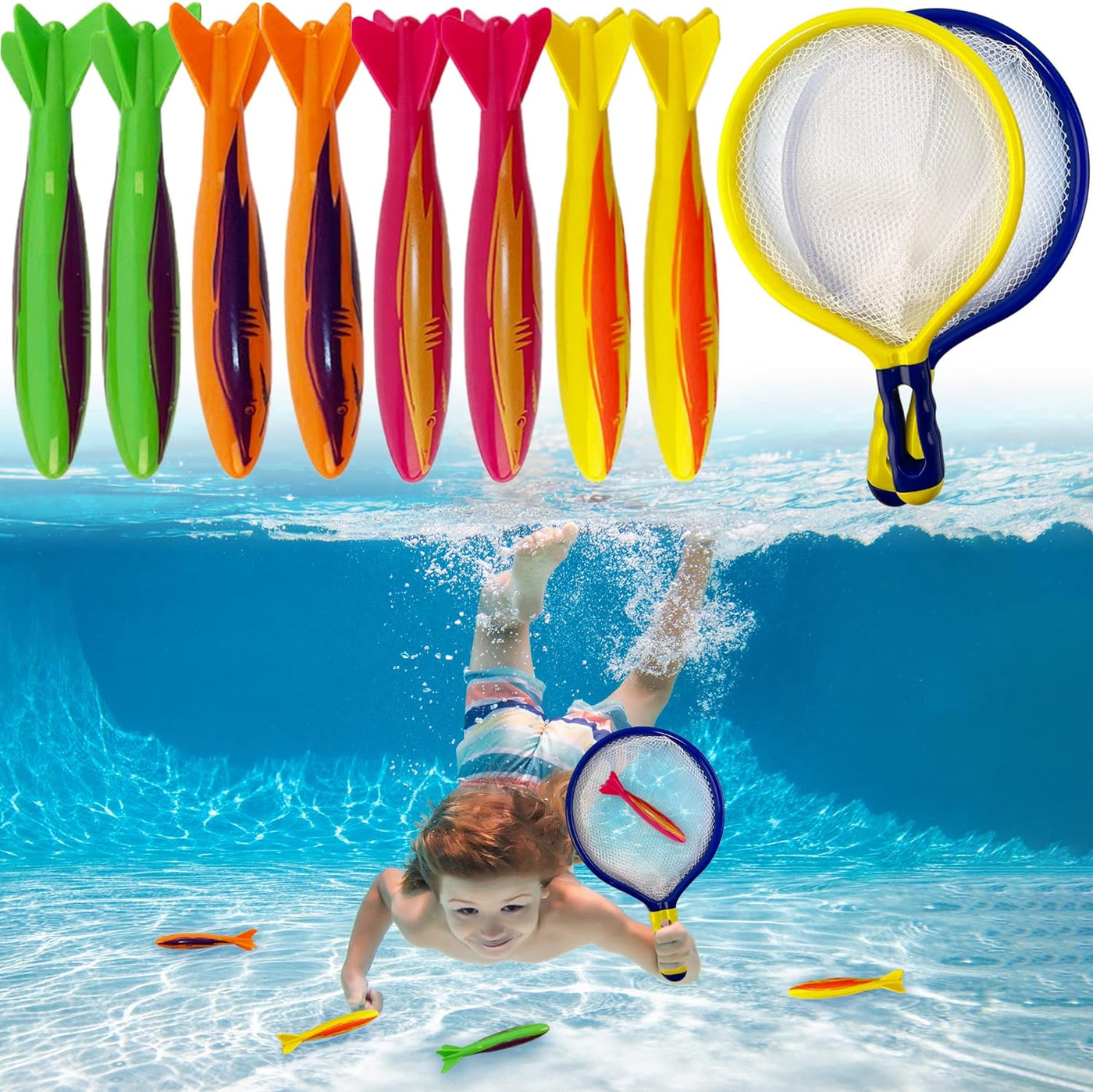 ArtCreativity Pool Diving Game for Kids, Underwater Fishing Set with 8 Torpedo Bandits Gliding Sharks and 2 Nets, Interactive Fishing Toy for Kids with Weighted Sharks, Great Swimming and Bathtub Toys