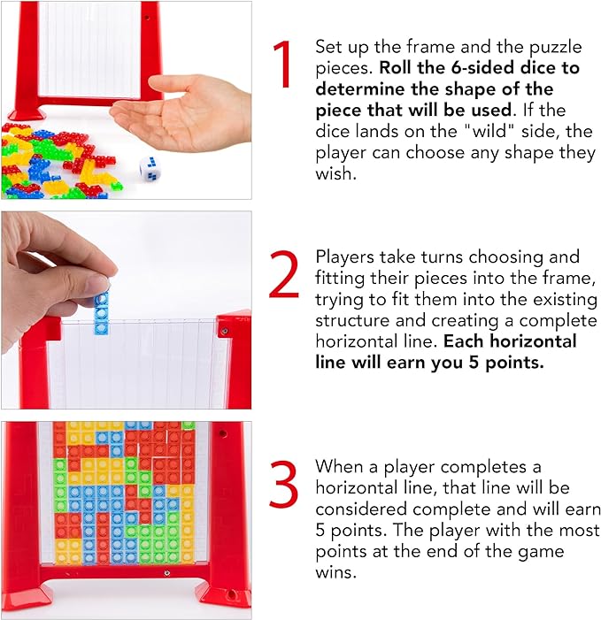 Gamie Tetriminos Blocks Game - 3D Puzzles for Kids and Adults with 50 Game Pieces, Game Board, and Drawstring Bag - Retro-Inspired Brain Teaser Puzzles - Intelligence Toys for Kids Ages 3 4 5