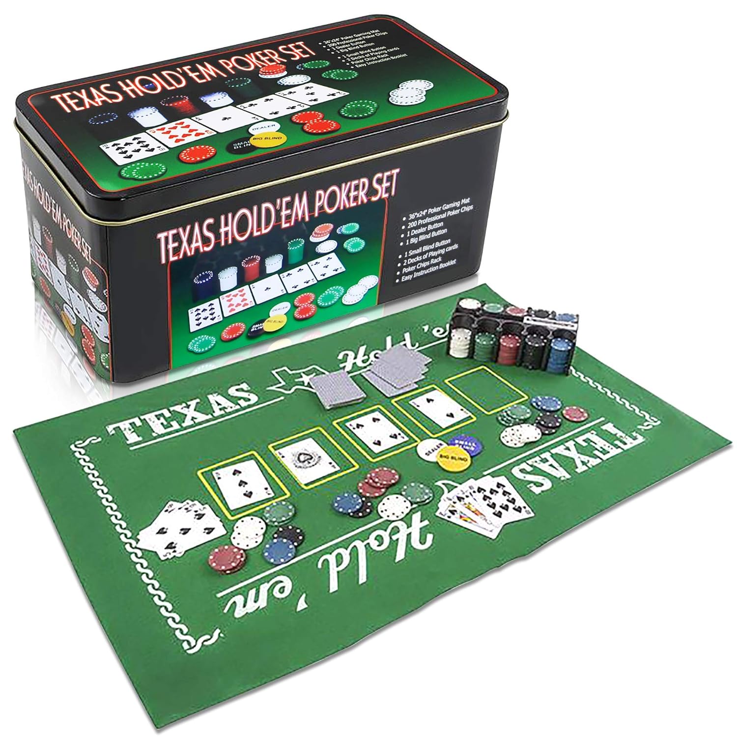 Texas Holdem Poker Game Set - Includes Hold’em Mat, 2 Card Decks, Chips, Chip Holder and Tin Storage Box