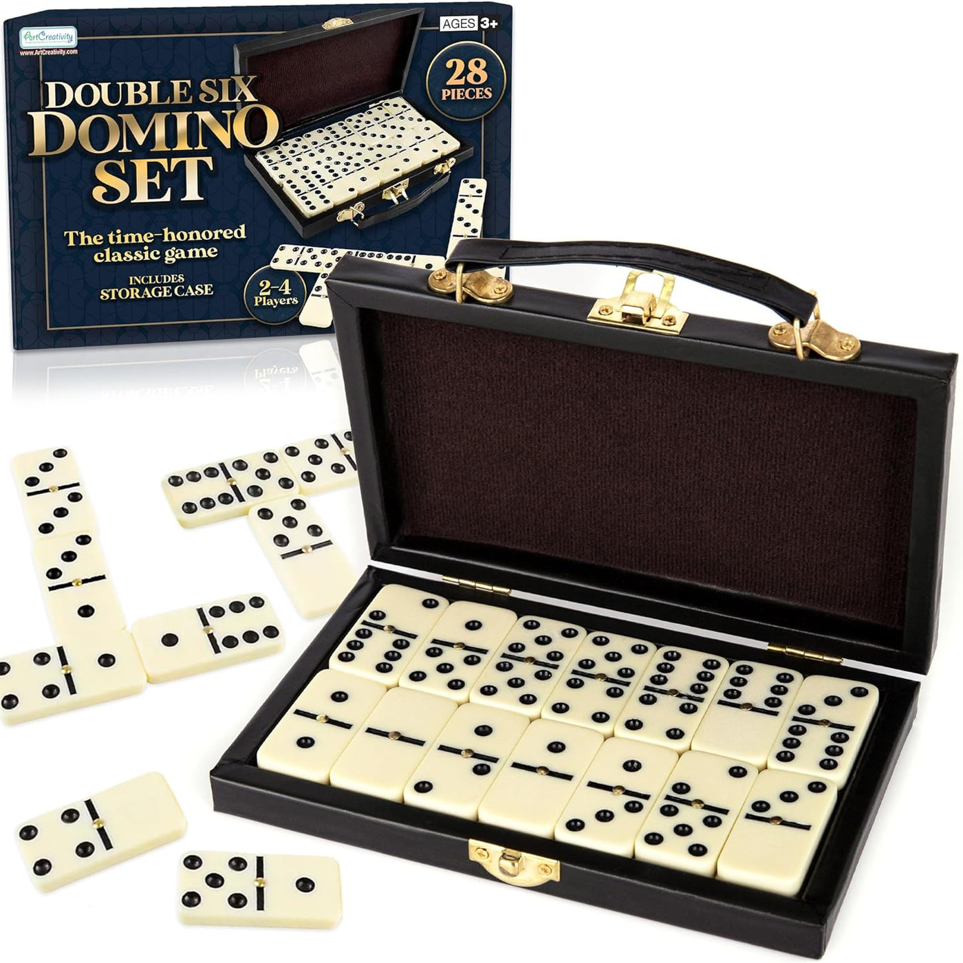 Double Six Dominoes Game in Faux Leather Case, 28 Dominos Tiles for Kids, Fun Educational Toy Classroom Kit, Classic Set of Dominoes for Travel in Gift Box