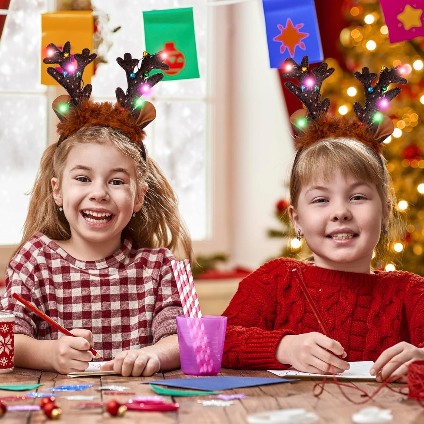 Light Up Christmas Reindeer Headbands - Reindeer Ears Headbands with LED Lights and Jingling Bells