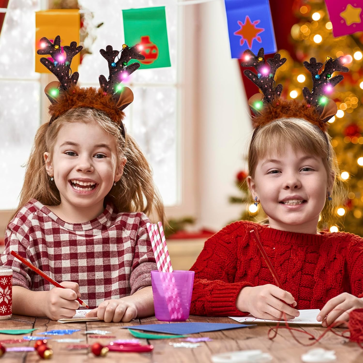 Light Up Christmas Reindeer Headbands - Reindeer Ears Headbands with LED Lights and Jingling Bells
