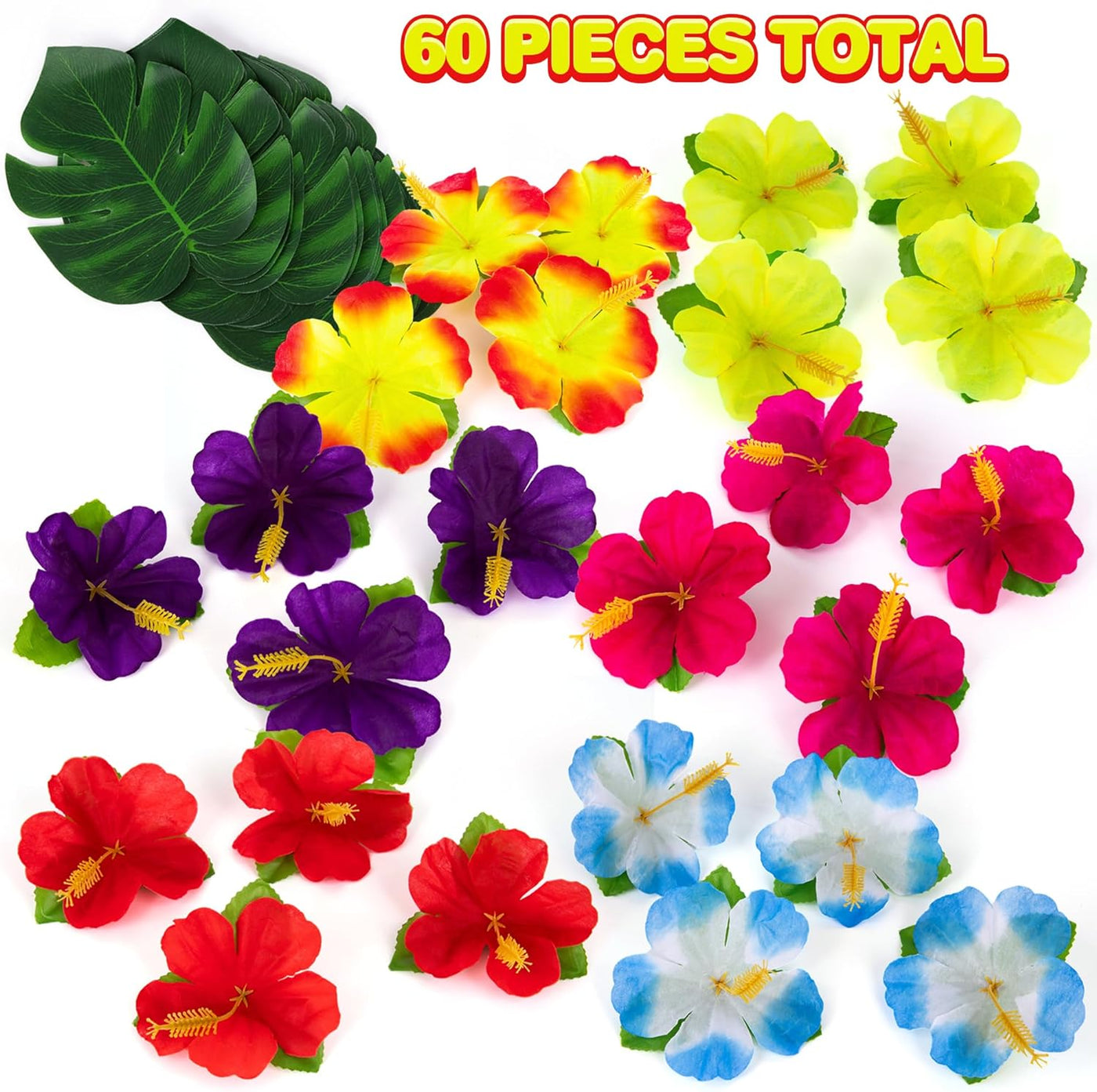 ArtCreativity Hawaiian Flower Luau Decorations - 60-PC Set with 36 Palm Leaves and 24 Artificial Hibiscus Flowers - Tropical Party Decor and Accessories for Birthday Party - Flower Decorations