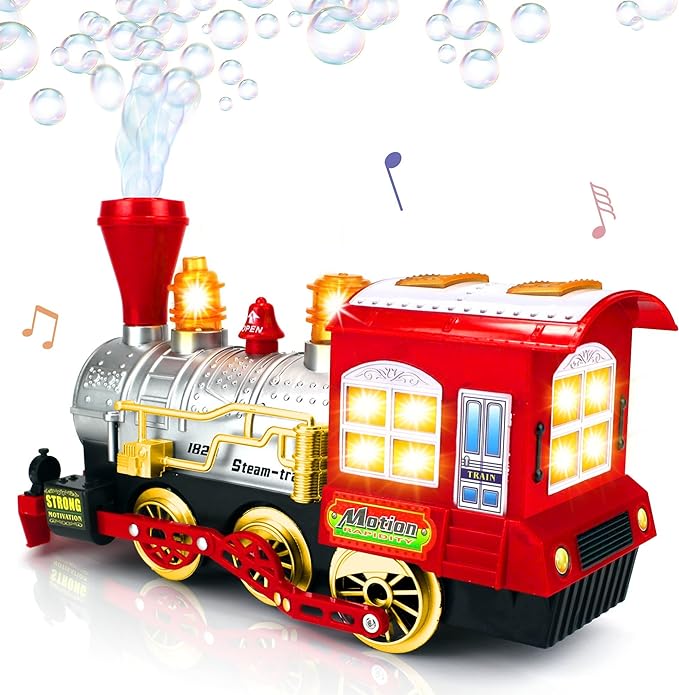 Bubble Blowing Toy Train with Lights & Sounds, Bump and Go Toddler Train Toys for Around The Tree, Kids Bubble Machine, for Boys & Girls Ages 1-6