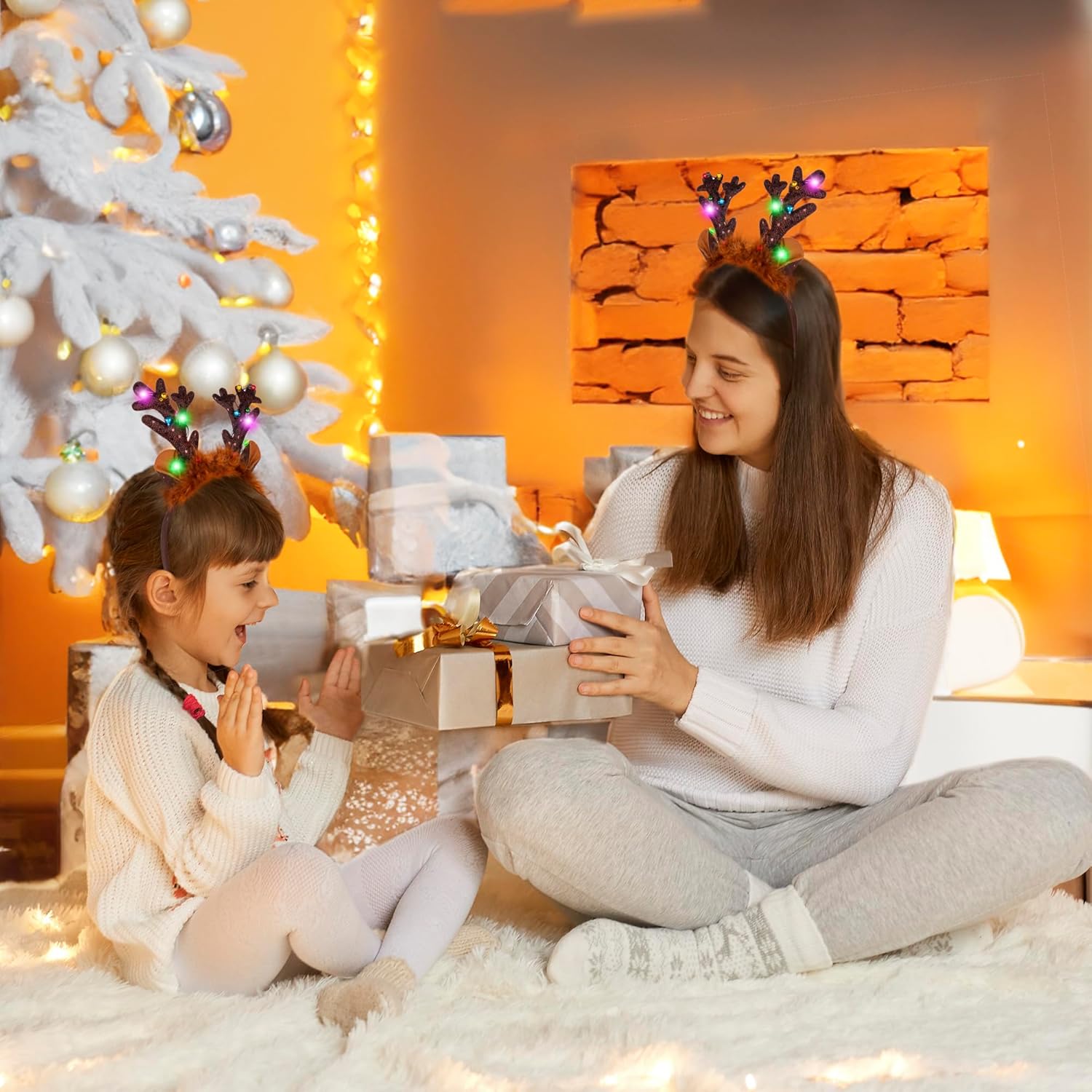 Light Up Christmas Reindeer Headbands - Reindeer Ears Headbands with LED Lights and Jingling Bells