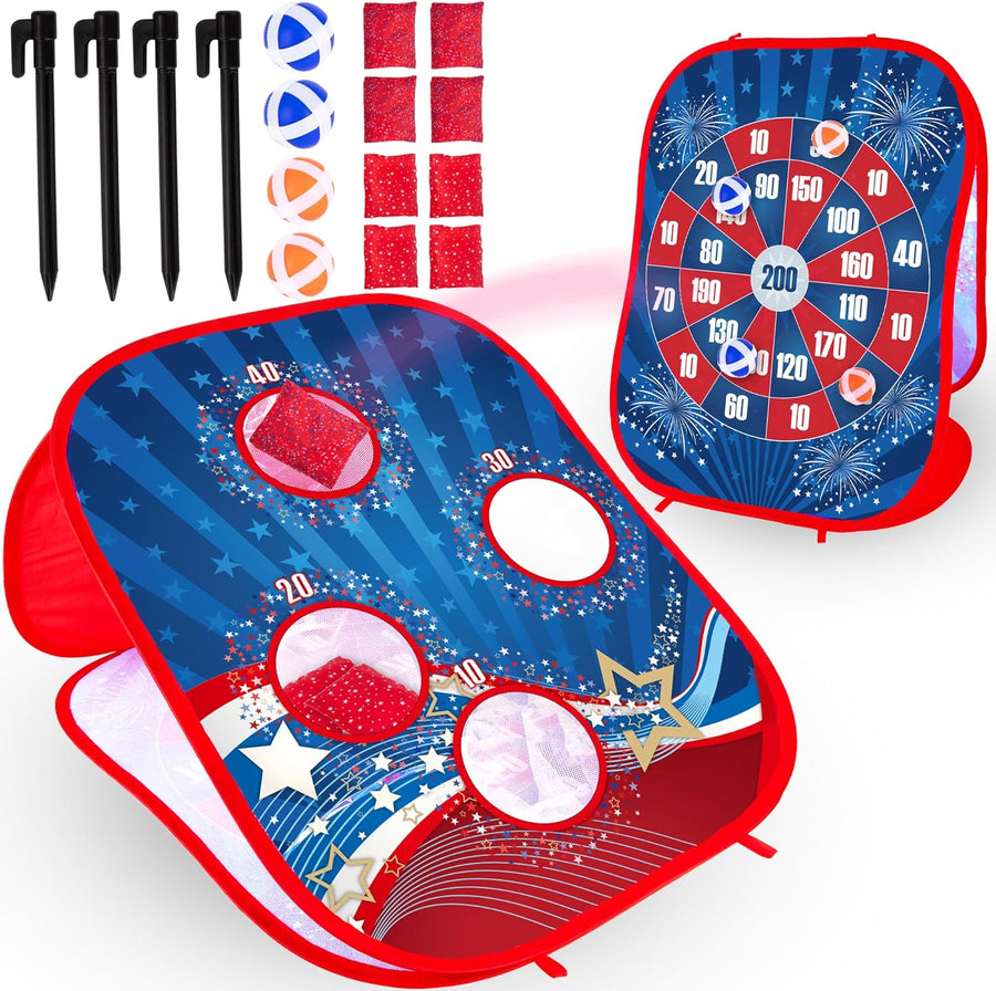 ArtCreativity 2 in 1 Bean Bag Toss Game and Sticky Ball Darts Game - Indoor and Outdoor Bean Bag Toss for Kids - Pop-Up Design for Quick Setup - Toddler Throwing Game with American Patriotic Theme