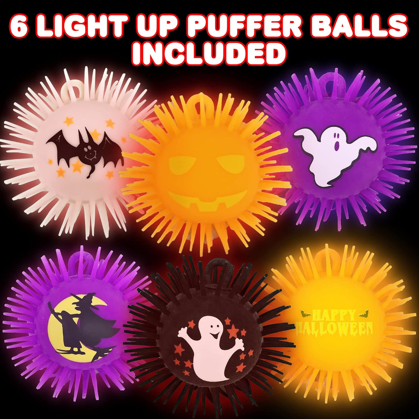 ArtCreativity Light Up Halloween Puffer Balls, Set of 6, Soft and Spiky Stress Balls for Kids in Assorted Colors, LED Anxiety Relief Toys, Halloween Party Favors, Non-Candy Trick or Treat Supplies