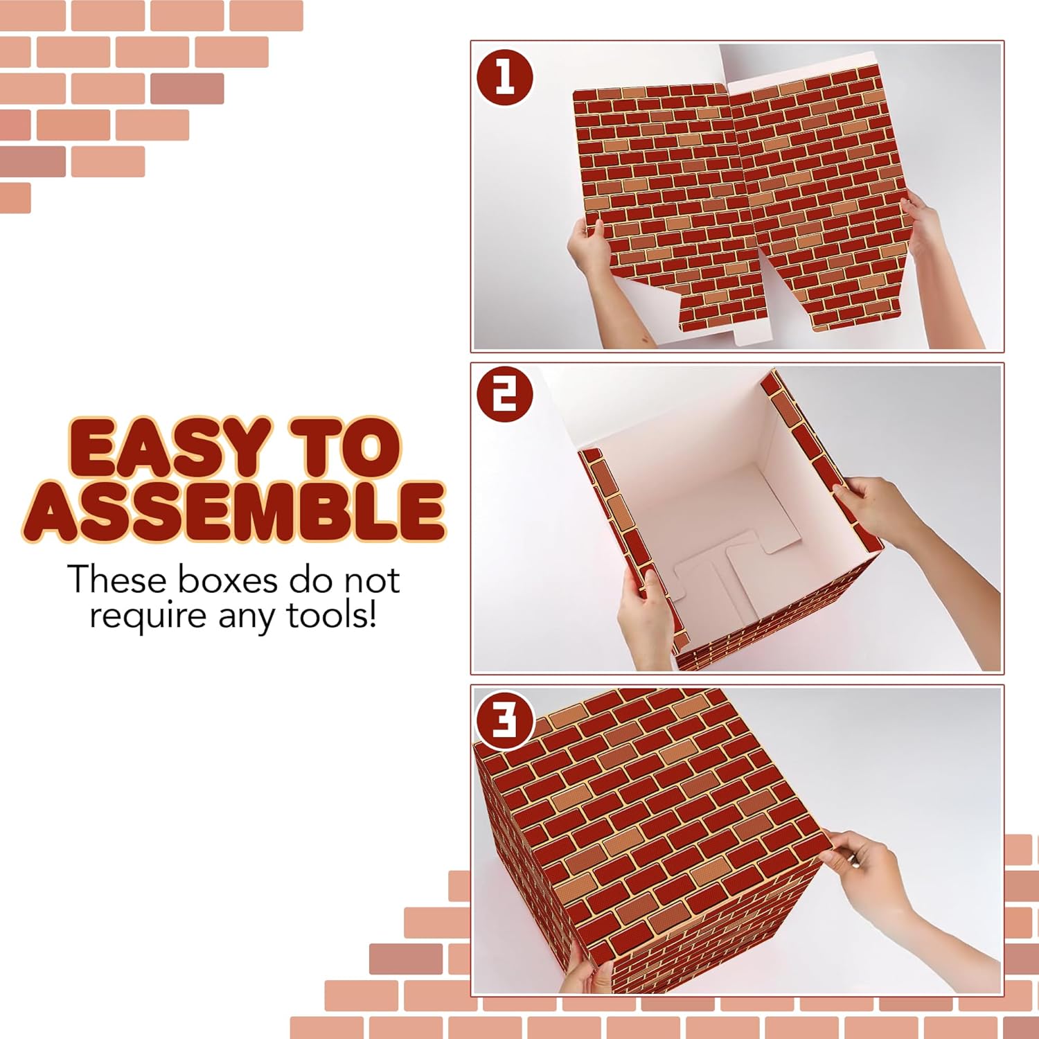 Brick Boxes for Gamer Party Decorations - Set of 6-11.8 x 11.8 Inches - Brick Box Video Game Birthday Decorations with a Retro Brick Design - Easy to Assemble - Video Game Party Supplies