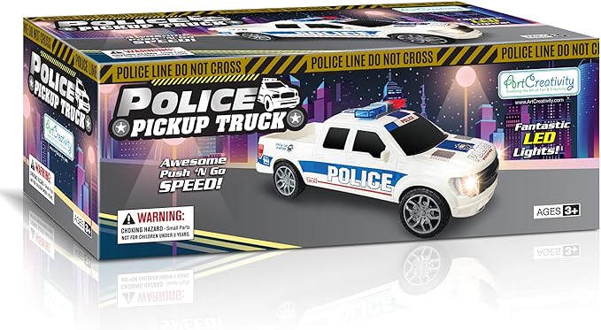 ArtCreativity Police Car Pickup Truck with LED Headlights and Sirens, Police Car Toys for Boys 3-5, Light-Up Push and Go Police Car Toy, Police Monster Trucks, Toy Trucks for Kids