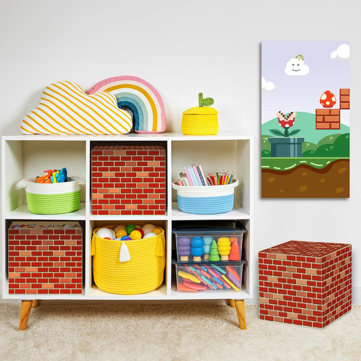 Brick Boxes for Gamer Party Decorations - Set of 6-11.8 x 11.8 Inches - Brick Box Video Game Birthday Decorations with a Retro Brick Design - Easy to Assemble - Video Game Party Supplies