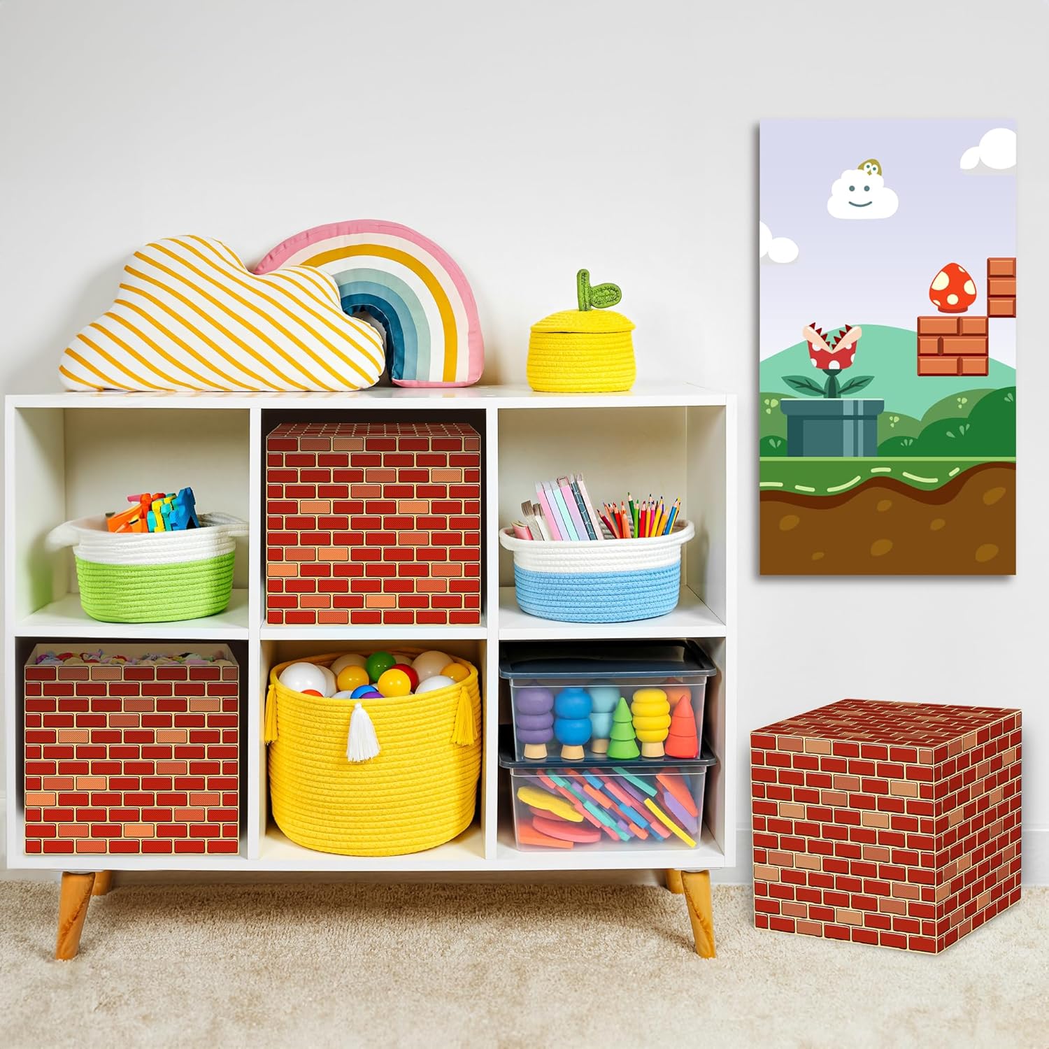 Brick Boxes for Gamer Party Decorations - Set of 6-11.8 x 11.8 Inches - Brick Box Video Game Birthday Decorations with a Retro Brick Design - Easy to Assemble - Video Game Party Supplies