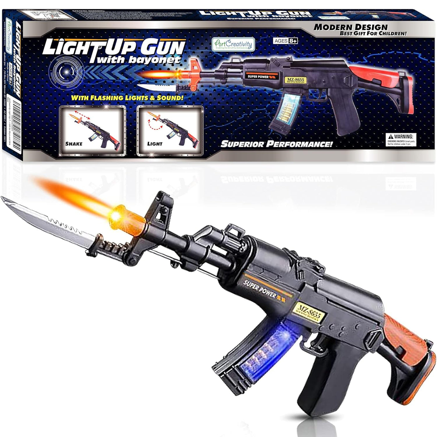 Light Up Toy Machine Gun with Folding Bayonet by ArtCreativity, Cool LED, Sound and Vibration Effect, 16 Inch Pretend Play Military Submachine Pistol, Halloween Prop Gun for Boys and Girls