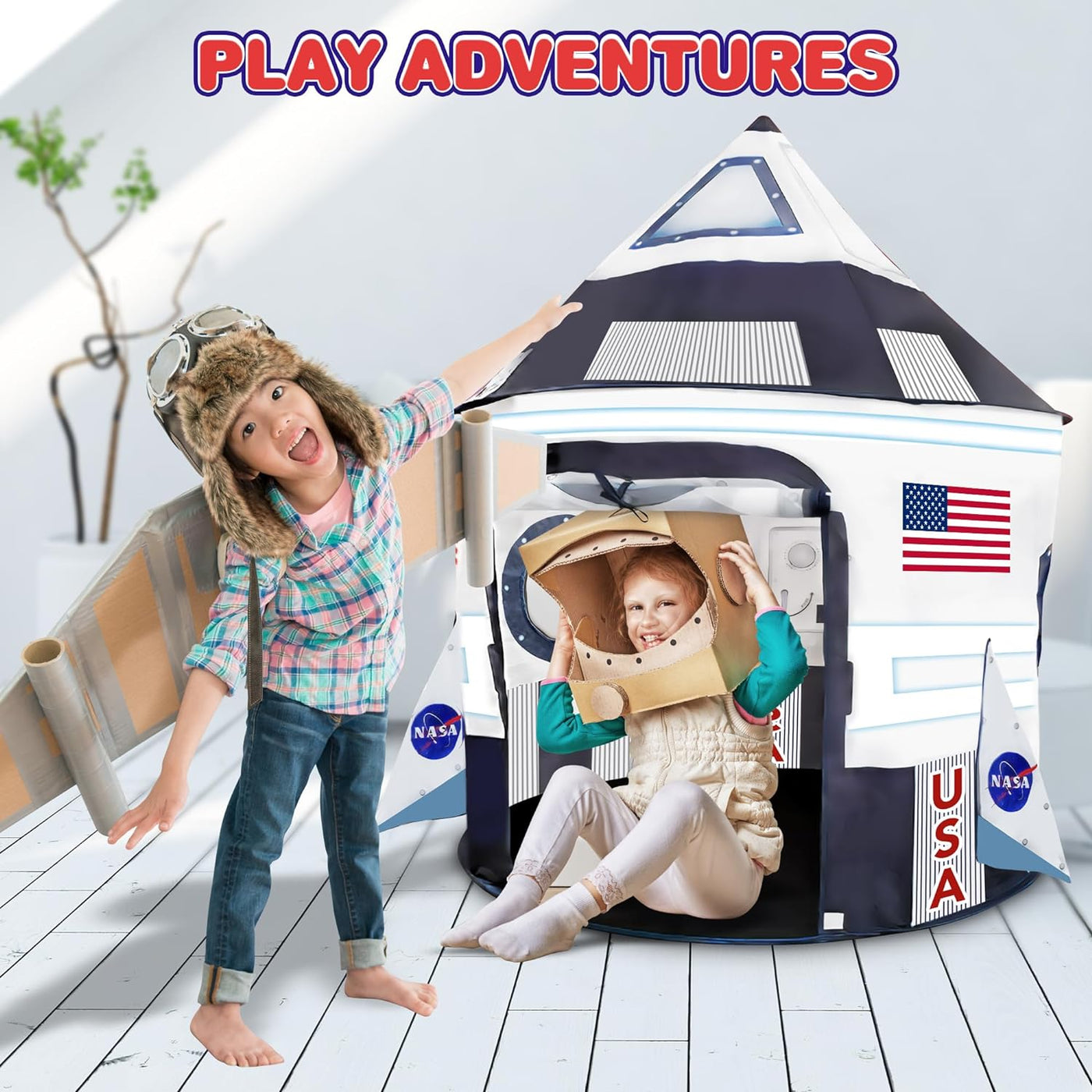 ArtCreativity Rocket Ship Pop Up Play Tent, Kids Pop Up Playhouse Tent with Carry Bag & Stabilizing Rods, Spacious Kids Indoor & Outdoor Tent, Easy-Install Spaceship Tent for Space Birthday Decoration