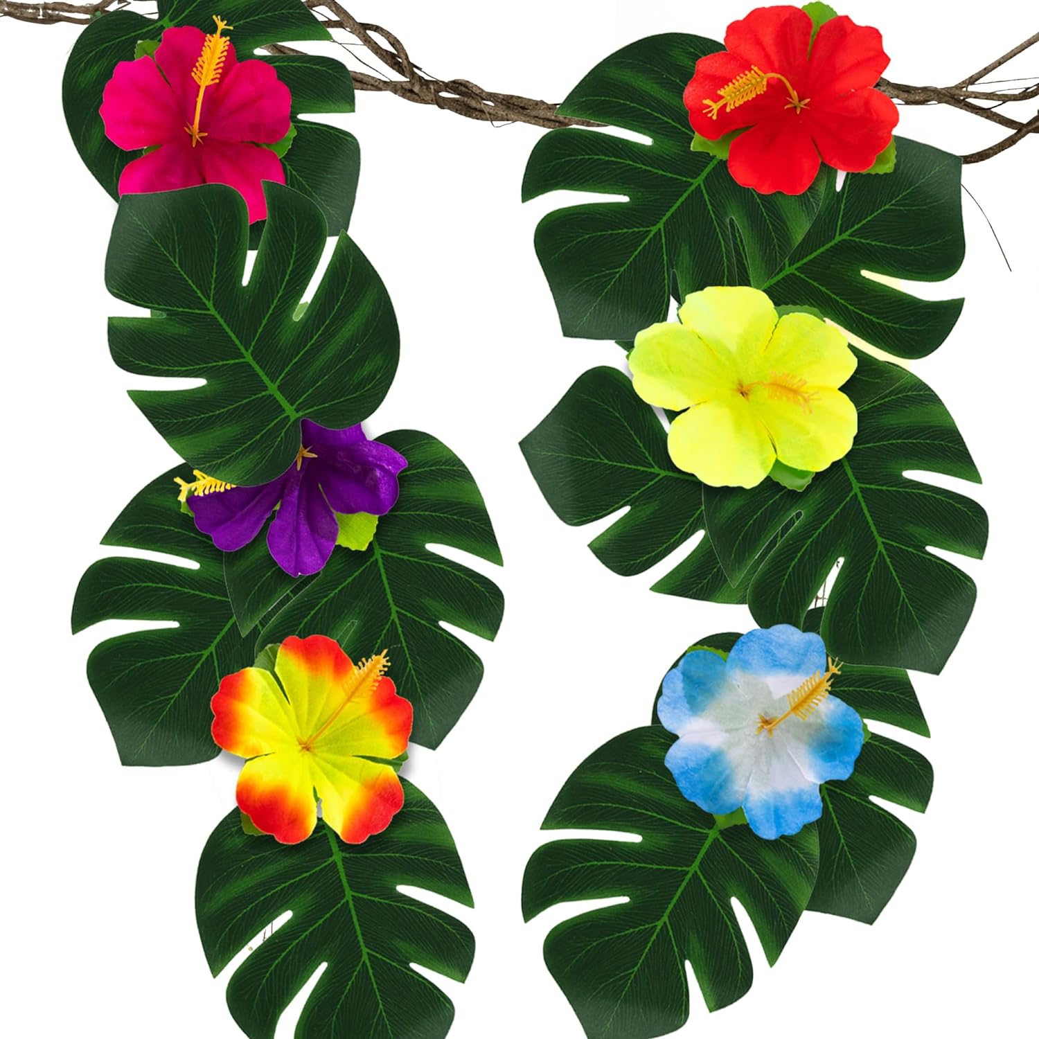 ArtCreativity Hawaiian Flower Luau Decorations - 60-PC Set with 36 Palm Leaves and 24 Artificial Hibiscus Flowers - Tropical Party Decor and Accessories for Birthday Party - Flower Decorations